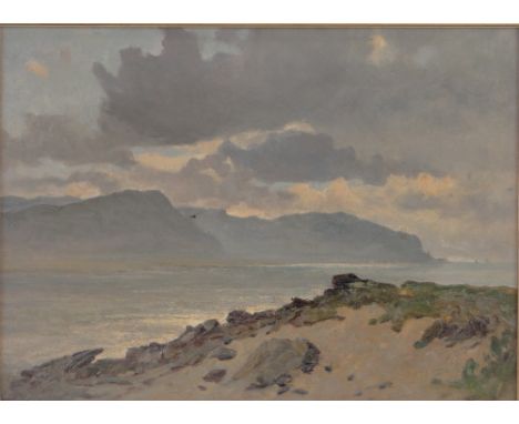 John Cuthbert Salmon R C A (1844-1917)Oil on board Evening light, Penmanmawr from Conway shore, signed with label verso, 11" 