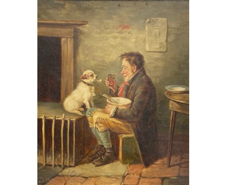 A 19th century oil on canvas, portrait of a seated man and dog with a pipe in a gilt frame. H.47 W.42cm