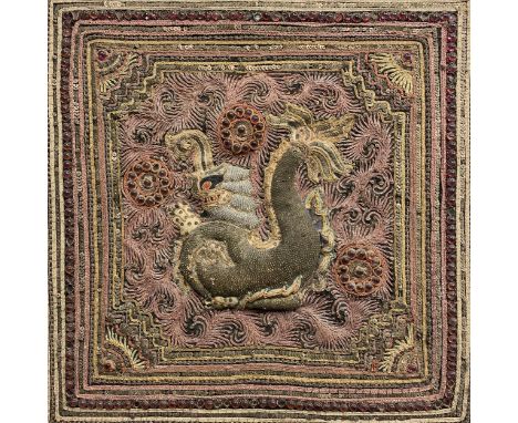A C.1900 framed Eastern hand embroidered sequin and beadwork kalaga tapestry panel. H.56 W.56cm