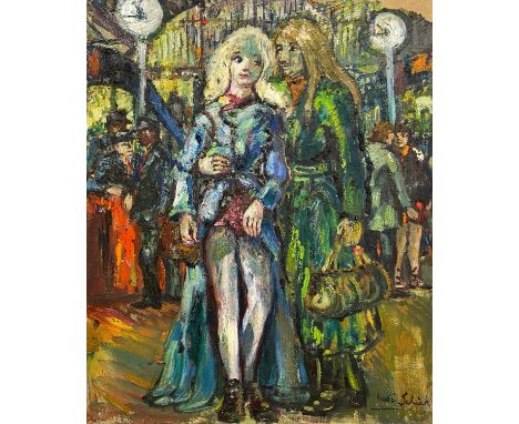 Hedi Schick (1900-1999), a 20th century impasto oil on canvas, portrait of a couple at a train station, signed to the lower r