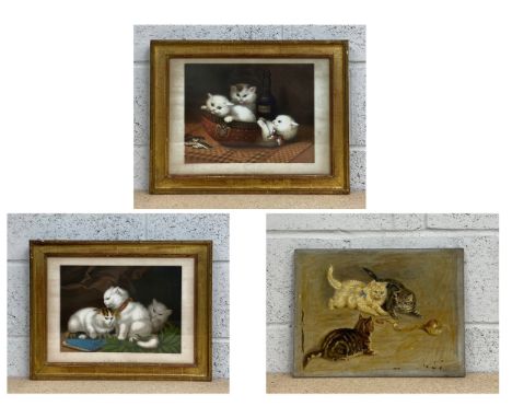 Three artworks to include a pair of 19th century French stipple engravings of cats titled 'Question Débattue' and 'La Paix Pe