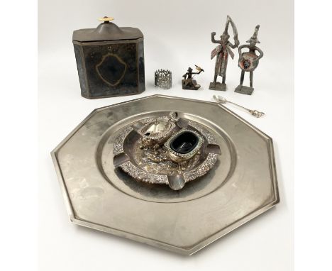 A collection of metal items to include three Benin style figures, a Dutch silver plated ashtray, a Georgian metal tea caddy w