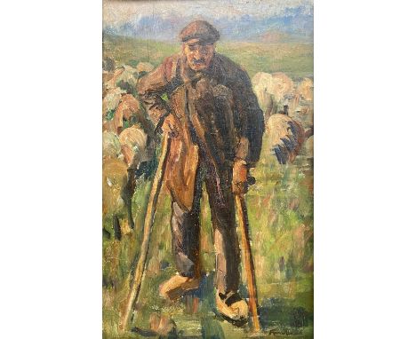 An early 20th century oil on board, portrait of a shepherd, signed to the lower right in a carved oak frame. H.53 W.37cm