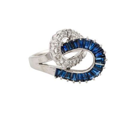   Ring mit Saphiren und Brillanten,   zus. ca. 1,2 ct, ca. LGW (I)/SI, WG 14K, 7,9 gr, Ring in Schlaufenform, 2. Hälfte 20. J