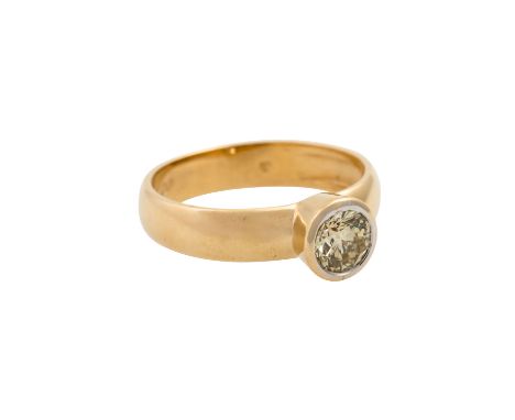   Ring mit Brillant ca. Light Greenish Yellow, ca. 1 ct   (grav.), VVS, Fluoreszenz: medium, GG 14K, 5,5 gr, RW: 63, 20./21. 