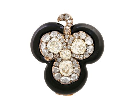   Brosche "Kleeblatt" aus Diamanten umrahmt von schwarzem Email,   4 Altschliffdiamanten zus. ca. 2 ct und Diamantrosen ca. 0