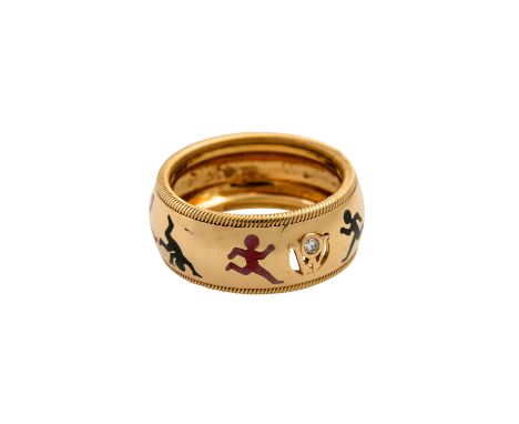   WELLENDORFF Ring mit Brillant von 0,02 ct   und rot/schwarz emaillierten Sportfiguren, GG 18K, 8,9 g, RW: 55, um 2000, Trag