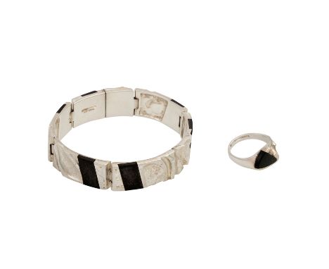   LAPPONIA Ring und Armband   mit Holzeinlagen, Silber, Armband Länge ca. 18 cm, Ringweite 56, Finnland 1986+1987, Tragespure