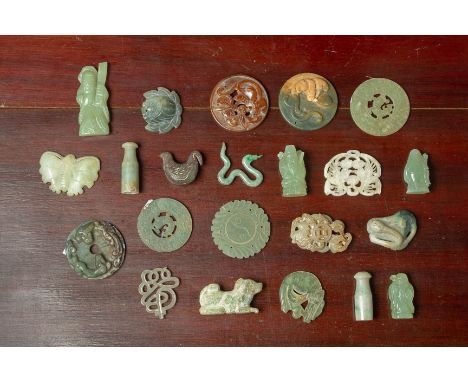 A LARGE ASSORTED GROUP OF JADE AND HARDSTONE CARVINGS
Including figures, pierced disks, animals etc.
Butterfly measures 4cm x