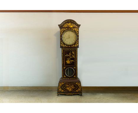 A MOTHER OF PEARL INLAID LONGCASE CLOCK
Mid-late 20th century
With arched hood the case inlaid with flowering foliage, birds,