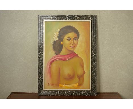 INDONESIAN SCHOOL (20TH CENTURY)
Nude portrait study of a lady, half length, with flowers in her hair
Oil on canvas, indistin