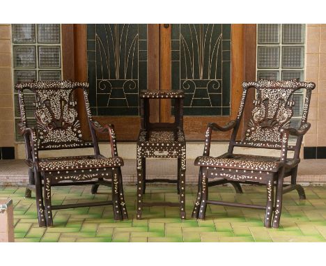 A PAIR OF MOTHER OF PEARL INLAID CHAIRS AND A SIDE TABLE Blackwood, with mother of pearl foliate and phoenix inlaid decoratio