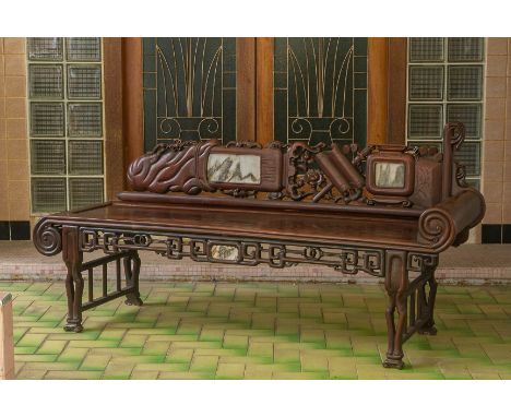 A BLACKWOOD MARBLE INLAID DAYBED With three marble inset panels, carved foliate and auspicious motif openwork back and front,