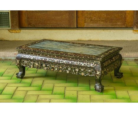A MARBLE INSET MOTHER OF PEARL INLAID HARDWOOD KANG TABLE Decorated with flowing foliage on carved and pierced apron and cabr