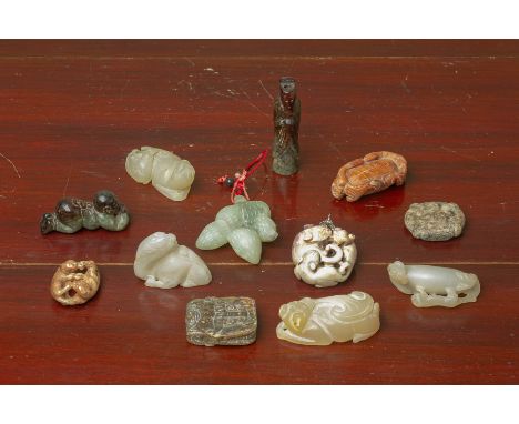 A SET OF TEN ASSORTED JADE AND HARDSTONE CARVINGS Various forms and colours, including archaic style examples Largest 7cm lon