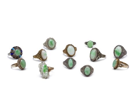 A LARGE GROUP OF ASSORTED JADE RINGS
Mostly small oval cabochon examples, one with enamel border, several in filigree setting