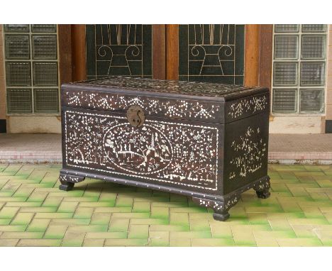 A LARGE MOTHER OF PEARL INLAID BLACKWOOD CHEST
Decorated with birds amongst bamboo and other flowering foliage, the interior 