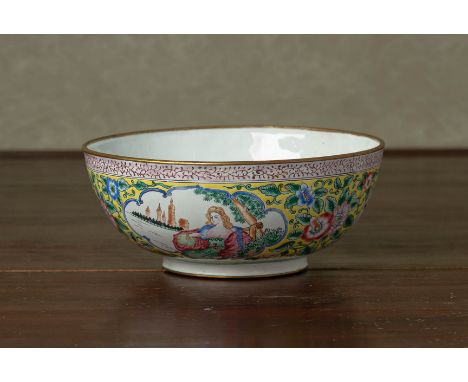 A CANTON ENAMEL STYLE 'EUROPEAN SUBJECT' BOWL
20th C., Decorated with shaped oval reserves with European figures, on a yellow