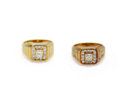 TWO SIMILAR GOLD RINGS
Both in 18k gold, set with a cluster of white stones in a square panel, one with small screw heads to 