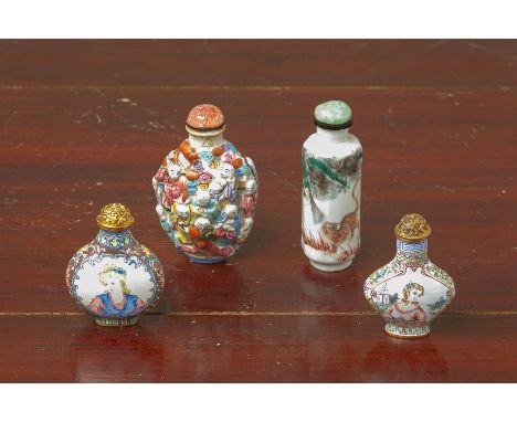 A GROUP OF FOUR SNUFF BOTTLES Comprising an enamelled example, painted to each side with a European lady before a landscape w