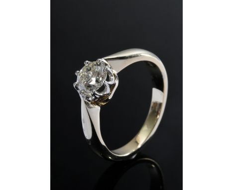 Gelbgold 585 Ring mit Brillant (ca. 1.34ct/SI1/C) in Weißgold 585 Krappenfassung, 6,6g, Gr. 63