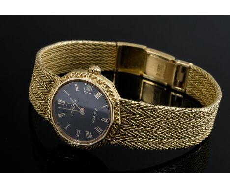 Eterna Gelbgold 750 Damenarmbanduhr mit Flechtschmuckband, Quartz, schwarzes Zifferblatt, Datum, römische Ziffern, 40,1g, L. 