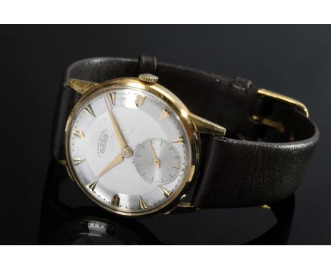 Gelbgold 750 Arsa Chronometer Armbanduhr, Handaufzug, kleine Sekunde, Pfeilindizes, braunes Lederband, 39g, Ø 3,4cm, gangbar 