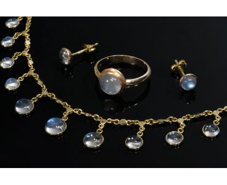 4 Teile Gelbgold 585 Schmuck mit Mondsteincabochons: Collier mit saphirbesetzten Blütenelement an der Schließe (L. 44cm), Rin