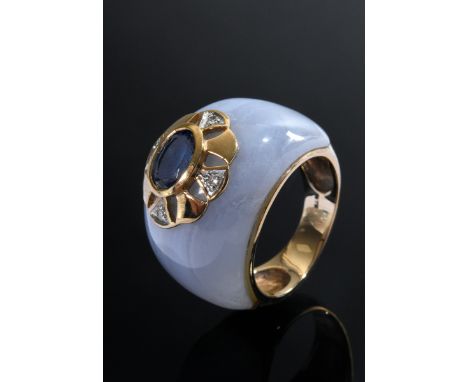 Gelbgold 375 Ring mit Chalcedon, Tansanit und kleinen Brillanten (zus. ca. 0.04ctSI/TCR), 8,3g, Gr. 50