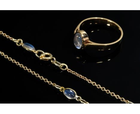 2 Diverse Teile Gelbgold 585 Mondsteincabochon Schmuck: Kette (L. 72cm) und Ring (Gr. 55), zus. 8,9 g