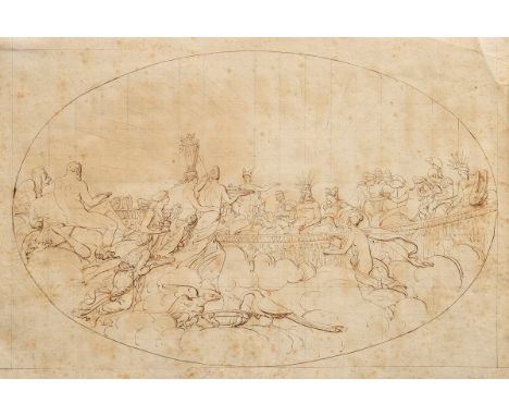 Unbekannter Künstler des 18./19.Jh. "Götter des Olymp", Tintenstudie, BM 28,6x43,5cm, r. kleiner Riss, fleckig