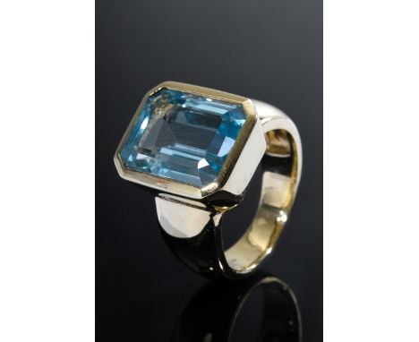 Breiter Gelbgold 585 Ring mit blauem Topas im Baguetteschliff, 10,5g, Gr. 52