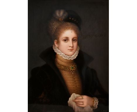 KPM Porzellan Plakette mit lupenfeinem Portrait „Philippine Welser“ nach Friedrich August v. Kaulbach, um 1900, u.r sign. Fra