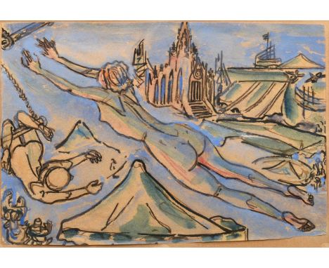 Hüther, Julius (1881-1954) "Trapezkünstler auf der Auer Dult" (Schwebender Akt), Tinte/Aquarell, freigestellt gerahmt, 19,8x2