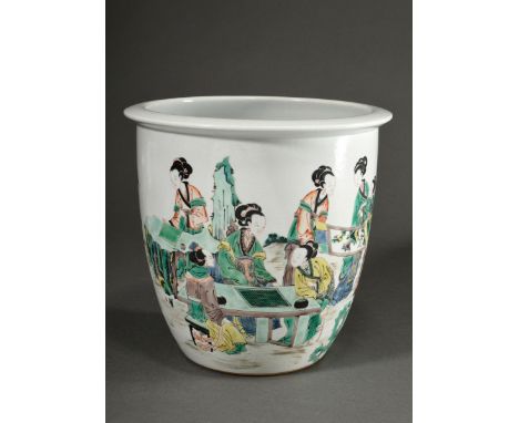 Schlanker Cachepot mit flachem Boden und Famille Verte Malerei "Neun Hofdamen" im Kangxi Stil, H. 27cm, Ø 28,3cm