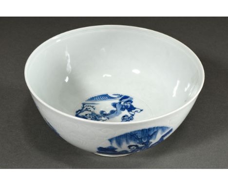 Große Kumme mit Blaumalerei Medaillons auf Anhua Fond, am Boden Kangxi 6-Zeichenmarke, H. 10,3cm, Ø 21cm
