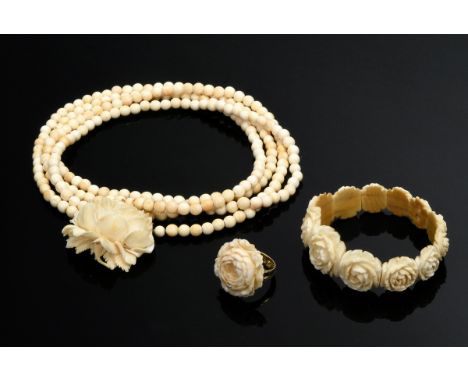 3 Teile Elfenbein Gelbgold 585 Schmuck "Rosen", um 1920: Armband (Ø 6cm), Kette (L. 70cm) und Ring (Gr. 60), Genehmigung nach