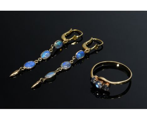 3 Diverse Teile Gelbgold 585 Schmuck: Mondstein Ring (Gr. 57,5) und Paar Regenbogen Mondstein Ohrhänger (L. 5,5 cm), zus. 3,7
