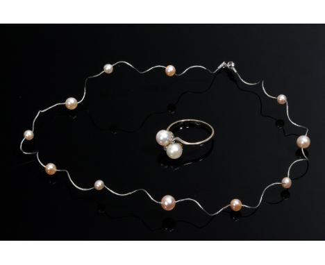 2 Teile Weißgold 750 Schmuck: Spiraldraht Collier mit Zuchtperlen (Ø 4,8-6,2mm, 3,3g, L. 39cm) und Toi-et-moi Zuchtperlen Rin