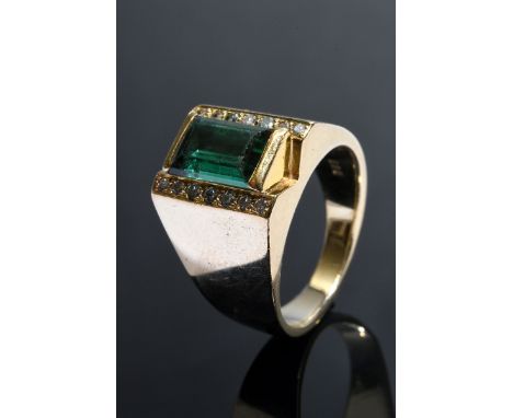 Gelbgold 585 Ring mit Baguette Turmalin in seitlichen Brillant Schienen (zus. ca. 0.15ct/SI-W), 15,2g, Gr. 50, Tragespuren