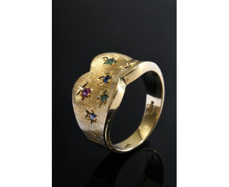 Breiter Midcentury Gelbgold 750 Ring mit Saphiren, Smaragden und Rubinen, 7g, Gr. 56