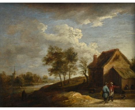 Teniers, David d. Jüngere (1610-1690) "Flußlandschaft mit Bauernkate und Personen", Öl/Holz, parkettiert, u. M. monogr., hint