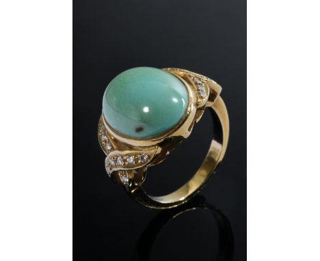Gelbgold 750 Türkis Cabochon Ring mit verschlungenen Brillantleisten (zus. ca. 0.24ct/SI/CR), 7,5g, Gr. 50