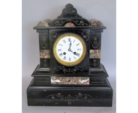A Victorian two train black slate mantle clock with an architectural case, 38cm high