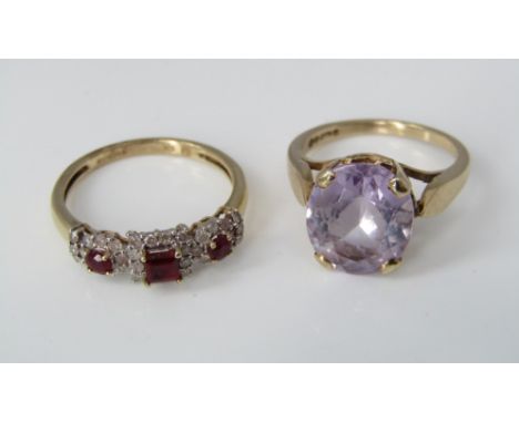 Two 9ct rings comprising diamond and ruby set example, size N, together with a faceted dress ring, size K, 5.3g total