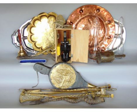 A mixed lot to include a collection of metal wares comprising an eastern brass tray, various brass fire irons and fire tools,