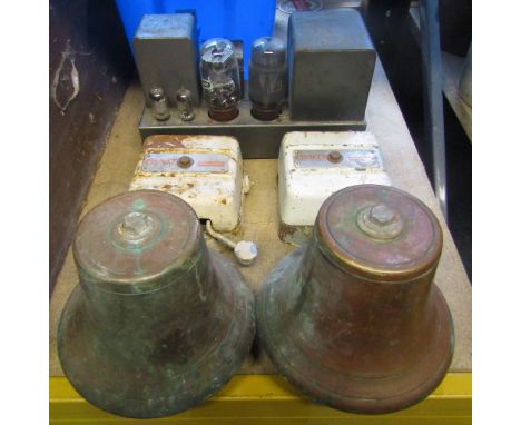 A pair of vintage wall mounted bells labelled to fittings 'Gents of Leicester', a further vintage electrical machine/componen
