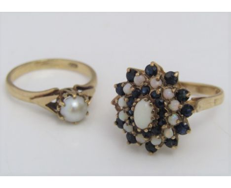 A 9ct opal cluster ring (af), size Q/R, and a further 9ct claw set pearl ring, size O, 7g total