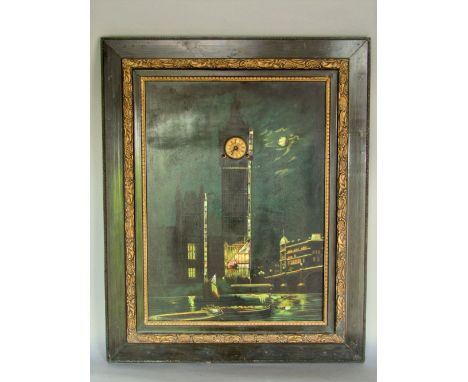 Big Ben musical mother of pearl inlaid picture clock, 49 x 36cm, framed