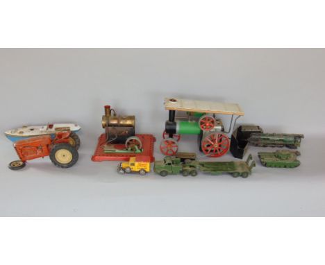 A mixed toy lot to include a Mamod steam locomotive, further Mamod traction engine, various dinky toys and others 